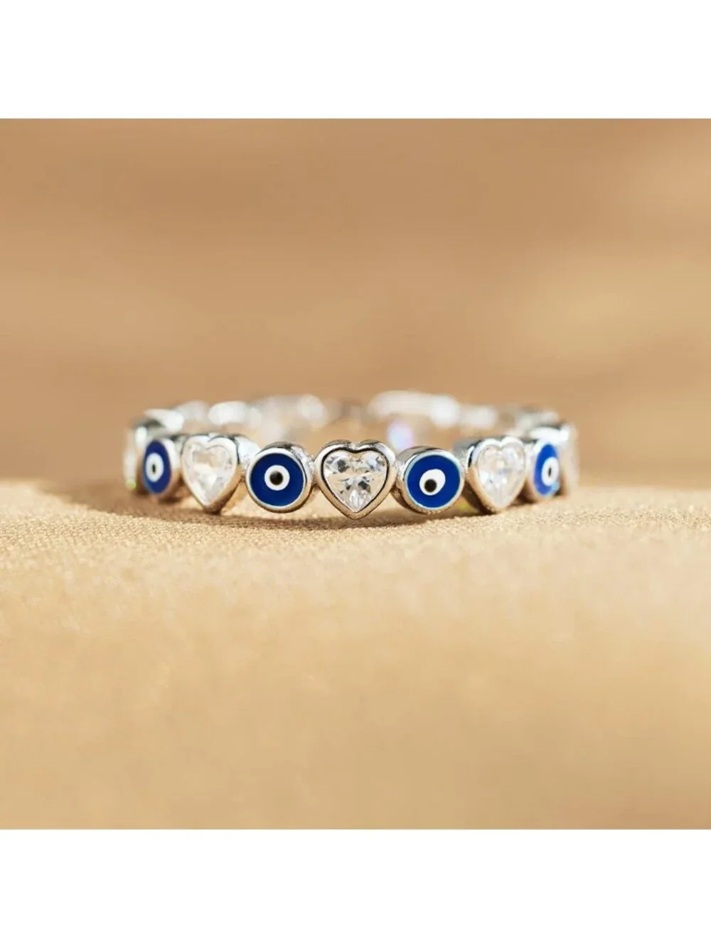 925 Sterling Silver Evil Eye Ring, Enamel Nazar & Heart Bands, Blue Jewelry Gift